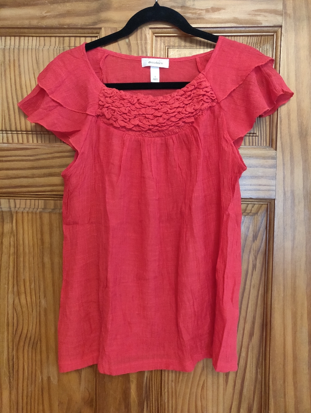 Dressbarn Coral-Red Ruffle Yoke Short Sleeve Blouse